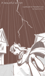 Size: 648x1080 | Tagged: safe, artist:derpiihooves, imported from derpibooru, oc, pony, unicorn, comic:a beautiful sonnet, 2012, cloak, clothes, comic, cover, lightning, male, monochrome, old art, rain, rear view, running, solo, stallion