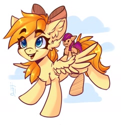 Size: 1614x1668 | Tagged: safe, artist:falafeljake, imported from derpibooru, sunny starscout, oc, oc:deliambre, pegasus, pony, bow, cloud, ear fluff, eyebrows, female, g5, hair bow, happy, mare, plushie, simple background, smiling, solo