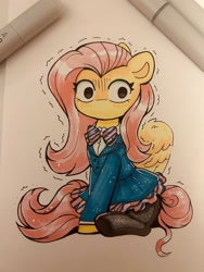 Size: 1536x2048 | Tagged: safe, artist:confetticakez, imported from derpibooru, fluttershy, pegasus, pony, anime, anxiety, bowtie, clothes, cute, dress, emanata, female, flutter can't communicate, komi can't communicate, mare, no mouth, parody, shirt, shyabetes, sitting, skirt, solo, stockings, thigh highs, traditional art, trembling, wide eyes