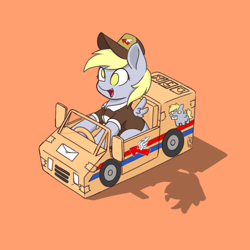 Size: 1668x1668 | Tagged: safe, artist:zeroonesunray, imported from derpibooru, derpy hooves, pegasus, pony, car, cardboard box, commission, female, filly, foal, mailmare, open mouth, sitting, solo, squatpony, ych example, your character here