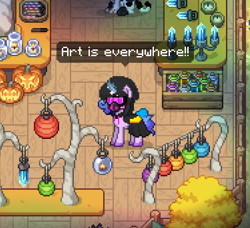 Size: 562x512 | Tagged: safe, imported from derpibooru, izzy moonbow, pony, unicorn, pony town, spoiler:tyts01e34, bottle, box, candle, crystal, female, g5, gas mask, halloween, holiday, hood, jack-o-lantern, lantern, mare, mask, pumpkin, sneaksy, sneaksy strikes again, that was fast