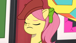 Size: 3072x1727 | Tagged: safe, imported from derpibooru, screencap, earth pony, pony, spoiler:g5, spoiler:my little pony: tell your tale, spoiler:tyts01e34, beret, eyes closed, female, frown, g5, hat, high res, mare, my little pony: tell your tale, posey bloom, sneaksy strikes again, solo