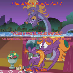 Size: 1920x1920 | Tagged: safe, edit, edited screencap, editor:itsmgh1203, imported from derpibooru, screencap, cranky doodle donkey, steven magnet, donkey, sea serpent, friendship is magic, season 1, season 5, slice of life (episode), duo, duo male, male, open mouth, open smile, ponyville town hall, smiling, text