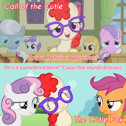 Size: 1920x1920 | Tagged: safe, edit, edited screencap, editor:itsmgh1203, imported from derpibooru, screencap, diamond tiara, scootaloo, silver spoon, sweetie belle, twist, earth pony, pegasus, pony, unicorn, call of the cutie, season 1, season 2, the cutie pox, ^^, eyes closed, female, filly, foal, glasses, open mouth, open smile, ponyville schoolhouse, smiling, text