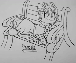 Size: 1520x1273 | Tagged: safe, artist:spoopygirl, imported from derpibooru, oc, oc only, earth pony, bench, clothes, female, flower, flower in hair, lineart, skirt, socks, traditional art