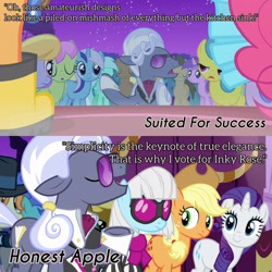 Size: 1920x1920 | Tagged: safe, edit, edited screencap, editor:itsmgh1203, imported from derpibooru, screencap, amethyst star, applejack, cloud kicker, coco crusoe, doctor whooves, hoity toity, lemon hearts, lyra heartstrings, merry may, midnight fun, minuette, photo finish, pinkie pie, press pass, press release (character), pretty vision, rarity, sea swirl, seafoam, sparkler, time turner, earth pony, pony, unicorn, honest apple, season 1, season 7, suited for success, :o, applejack's hat, clothes, cowboy hat, dress, elise, eyes closed, female, hat, male, mare, night, offscreen character, open mouth, open smile, smiling, stallion, text