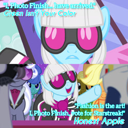 Size: 1920x1920 | Tagged: safe, edit, edited screencap, editor:itsmgh1203, imported from derpibooru, screencap, applejack, hoity toity, inky rose, photo finish, starstreak, earth pony, pony, green isn't your color, honest apple, season 1, season 7, applejack's hat, carousel boutique, cowboy hat, female, hat, male, mare, open mouth, open smile, smiling, stallion, text
