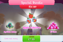 Size: 1266x862 | Tagged: safe, idw, imported from derpibooru, apple, bundle, costs real money, english, food, gameloft, gem, helmet, idw showified, leaf, living apple, magic, magic aura, meteor, numbers, official, sale, text, tongue out, trio