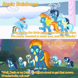 Size: 1920x1920 | Tagged: safe, edit, edited screencap, editor:itsmgh1203, imported from derpibooru, screencap, fleetfoot, high winds, lightning streak, misty fly, rainbow dash, soarin', spitfire, pegasus, pony, season 1, season 9, sonic rainboom (episode), the last problem, spoiler:s09, clothes, female, goggles, male, mare, open mouth, open smile, smiling, spread wings, stallion, sunset, text, uniform, wings, wonderbolts uniform