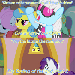 Size: 1920x1920 | Tagged: safe, edit, edited screencap, editor:itsmgh1203, imported from derpibooru, screencap, coco crusoe, lemon hearts, lyra heartstrings, photo finish, rarity, soigne folio, earth pony, pegasus, pony, green isn't your color, season 1, season 9, the ending of the end, spoiler:s09, female, mare, open mouth, text