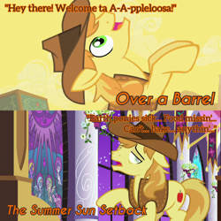 Size: 1920x1920 | Tagged: safe, edit, edited screencap, editor:itsmgh1203, imported from derpibooru, screencap, braeburn, earth pony, pony, over a barrel, season 1, season 9, the summer sun setback, spoiler:s09, cowboy hat, hat, male, open mouth, open smile, smiling, solo, stallion, text