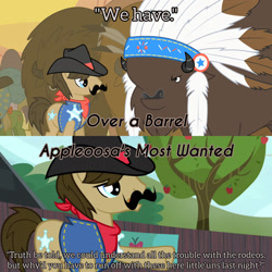 Size: 1920x1920 | Tagged: safe, edit, edited screencap, editor:itsmgh1203, imported from derpibooru, screencap, chief thunderhooves, sheriff silverstar, buffalo, earth pony, pony, appleoosa's most wanted, over a barrel, season 1, season 5, cowboy hat, hat, male, open mouth, stallion, text