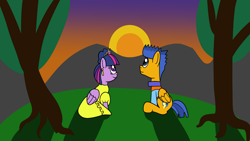 Size: 1920x1080 | Tagged: safe, artist:platinumdrop, imported from derpibooru, flash sentry, twilight sparkle, alicorn, clothes, dress, female, flashlight, frankie foster, jewelry, male, request, shipping, straight, sunset, tiara, twilight sparkle (alicorn)
