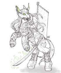 Size: 2062x2467 | Tagged: safe, artist:karamboll, imported from derpibooru, demon, pony, armor, crossover, fangs, horns, japanese, katana, long hair, mask, ponified, samurai, sketch, solo, soul calibur, standing, sword, weapon