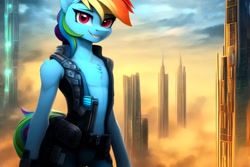 Size: 1920x1280 | Tagged: safe, imported from derpibooru, prompter:darbarri, rainbow dash, anthro, ai content, ai generated, breasts, chest fluff, cyberpunk, delicious flat chest, female, futuristic, generator:stable diffusion, rainbow flat, science fiction, smiling, smirk, solo