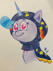 Size: 2914x3886 | Tagged: safe, artist:jesslmc16, imported from derpibooru, izzy moonbow, pony, unicorn, spoiler:g5, spoiler:my little pony: tell your tale, spoiler:tyts01e34, bust, chest fluff, clothes, colored, colored pencil drawing, colored pupils, cute, disguise, drawing, fanart, female, g5, hood, hoodie, izzybetes, looking at you, mare, my little pony: tell your tale, portrait, smiling, smiling at you, sneaksy, sneaksy strikes again, solo, traditional art