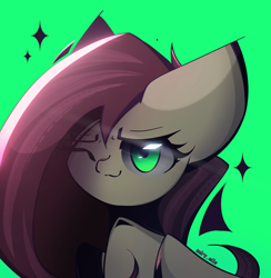 Size: 1950x2000 | Tagged: safe, artist:miryelis, imported from derpibooru, fluttershy, pegasus, pony, big ears, bust, glowing, green background, green eyes, long hair, looking at you, one eye closed, signature, simple background, smiling, smiling at you, solo, wink