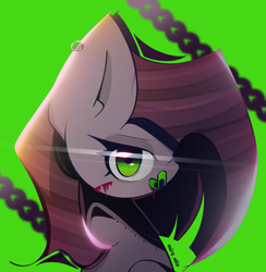 Size: 1950x2000 | Tagged: safe, artist:miryelis, imported from derpibooru, pinkie pie, earth pony, pony, bandaid, big ears, blood, bust, chains, cut, glowing, green background, looking at you, one eye closed, pinkamena diane pie, signature, simple background, solo