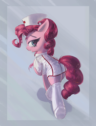 Size: 3000x3934 | Tagged: safe, artist:vultraz, imported from derpibooru, pinkie pie, earth pony, pony, abstract background, balloonbutt, butt, clothes, female, grin, hat, looking at you, looking back, looking back at you, mare, nurse, nurse hat, nurse outfit, pinktober, plot, ponerpics import, smiling, socks, walking