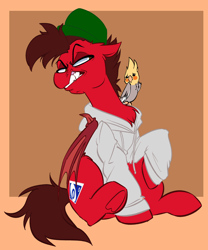 Size: 2016x2424 | Tagged: safe, artist:witchtaunter, imported from derpibooru, oc, bat pony, bird, cockatiel, pony, bat pony oc, bat wings, clothes, commission, cringing, floppy ears, hoodie, lidded eyes, male, raised hoof, sitting, solo, stallion, wings