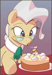 Size: 2077x3000 | Tagged: safe, artist:vultraz, imported from derpibooru, mayor mare, earth pony, pony, birthday, birthday cake, blowing, cake, candle, female, food, glasses, gradient background, mare, open mouth, ponerpics import, question mark, simple background, solo