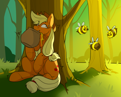 Size: 3480x2808 | Tagged: safe, artist:rico_chan, imported from derpibooru, applejack, bee, earth pony, insect, pony, food, forest, honey, huevember, nervous, sketch, solo, tree