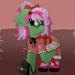 Size: 3000x3000 | Tagged: safe, artist:spiroudada, imported from derpibooru, oc, oc only, oc:bubble storm, earth pony, pony, book, bow, clothes, crossdressing, cute, dress, male, princess, purse, school uniform, schoolgirl, socks, solo, stallion, striped socks