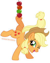 Size: 786x1000 | Tagged: safe, artist:jennieoo, imported from derpibooru, applejack, earth pony, pony, apple, balancing, butt, cowboy hat, cute, food, handstand, happy, hat, jackabetes, one eye closed, open mouth, open smile, patreon, patreon reward, plot, show accurate, simple background, smiling, solo, standing on two hooves, transparent background, upside down, vector, wink