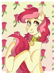 Size: 3070x3958 | Tagged: safe, artist:kyoto, imported from derpibooru, roseluck, earth pony, pony, collar, commission, commissioner:doom9454, cute, hug, pet tag, pony pet, rosepet, solo, tail, tail hug