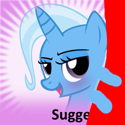 Size: 1024x1024 | Tagged: safe, artist:королева кошек, imported from derpibooru, trixie, pony, unicorn, derpibooru, 1000 hours in ms paint, blushing, meta, meta:suggestive, sexy, solo, spoilered image joke