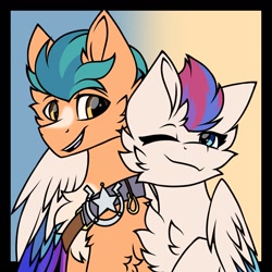 Size: 1280x1280 | Tagged: safe, artist:pegacousin, imported from derpibooru, hitch trailblazer, zipp storm, earth pony, pegasus, pony, duo, duo male and female, female, g5, hitchzipp, hug, looking at someone, male, mare, one eye closed, shipping, simple background, smiling, stallion, straight, winghug, wings, wink