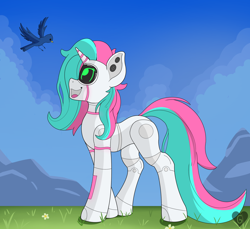 Size: 2446x2244 | Tagged: safe, artist:gnashie, imported from derpibooru, oc, oc only, oc:cyber rose, bird, pony, robot, robot pony, unicorn, cloud, grass, happy, horn, light, looking up, mountain, open mouth, screen, sky, unicorn oc