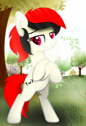 Size: 3894x5673 | Tagged: safe, artist:fededash, imported from derpibooru, oc, oc only, oc:lightingflare, earth pony, pony, bipedal, crepuscular rays, female, house, looking at you, mare, red and black mane, red eyes, red tail, solo, tail, tree