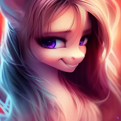 Size: 1024x1024 | Tagged: safe, imported from derpibooru, oc, unnamed oc, earth pony, pony, ai content, ai generated, cute, eyebrows, eyelashes, female, generator:purplesmart.ai, generator:stable diffusion, looking right, mare, messy mane, prompter:nightluna, purple eyes, smiling, solo, the quality of ai art is frightening, watermark