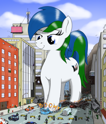 Size: 2314x2698 | Tagged: safe, artist:qkersnll, imported from derpibooru, oc, oc:western star, earth pony, pony, car, crushing, destruction, female, giant pony, giantess, high res, macro, onomatopoeia, smiling, solo, walking