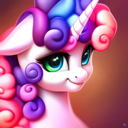 Size: 1024x1024 | Tagged: safe, imported from derpibooru, sweetie belle, pony, unicorn, abstract background, ai content, ai generated, cute, eyelashes, female, generator:purplesmart.ai, generator:stable diffusion, looking right, mare, prompter:nightluna, smiling, solo, watermark