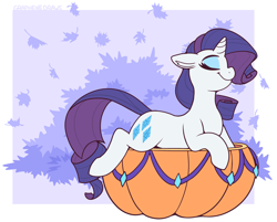 Size: 2550x2050 | Tagged: safe, artist:graphene, imported from derpibooru, part of a set, rarity, pony, unicorn, eyes closed, female, floppy ears, horn, leaves, lying down, mare, prone, pumpkin, signature, smiling, solo