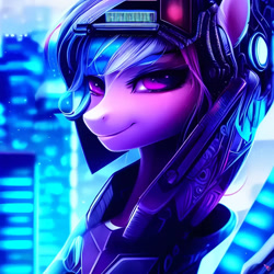 Size: 1024x1024 | Tagged: safe, imported from derpibooru, oc, unnamed oc, pony, ai content, ai generated, armor, cyberpunk, eyelashes, generator:purplesmart.ai, generator:stable diffusion, prompter:nightluna, smiling, solo, watermark