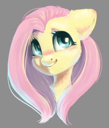 Size: 870x1023 | Tagged: safe, artist:melodylibris, imported from derpibooru, fluttershy, pegasus, pony, blushing, bust, cute, female, floppy ears, fluffy, gray background, grin, looking sideways, looking up, mare, open mouth, open smile, portrait, shyabetes, simple background, smiling, solo