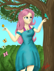 Size: 768x1024 | Tagged: safe, artist:cjv2004, imported from derpibooru, fluttershy, bird, butterfly, human, pegasus, equestria girls, adorasexy, breasts, busty fluttershy, cleavage, clothes, cute, dress, sexy, shyabetes, solo, tree