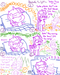 Size: 4779x6013 | Tagged: safe, artist:adorkabletwilightandfriends, imported from derpibooru, spike, twilight sparkle, alicorn, dragon, pony, comic:adorkable twilight and friends, adorkable, adorkable twilight, autumn, awakening, bed, bedroom, blanket, comic, cute, disturbed, dork, family, female, friendship, grass, holding, hug, lawn mower, leaf blower, leaves, love, mama twilight, mare, nostril flare, nostrils, pillow, sleeping, sleepy, slice of life, snuggling, spikabetes, spikelove, squeezing, sweet dreams fuel, twiabetes, twilight sparkle (alicorn), winghug, wings, working, yard