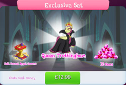 Size: 1268x861 | Tagged: safe, idw, imported from derpibooru, queen trottingham, pegasus, pony, bundle, clothes, costs real money, crown, english, fangs, female, folded wings, gameloft, gem, hall, idw showified, jewelry, mare, numbers, regalia, sale, solo, solo focus, text, wings