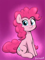 Size: 1408x1867 | Tagged: safe, artist:heretichesh, imported from derpibooru, pinkie pie, earth pony, pony, alternate cutie mark, female, looking at you, mare, signature, sitting, solo