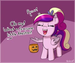 Size: 2576x2184 | Tagged: safe, artist:heretichesh, imported from derpibooru, princess cadance, bat pony, pegasus, pony, clothes, costume, cute, cutedance, eyes closed, fake fangs, fangs, female, filly, filly cadance, foal, halloween, holiday, nightmare night costume, offscreen character, one wing out, open mouth, open smile, pegasus cadance, pumpkin bucket, rawr, signature, smiling, solo, trick or treat, wings, younger