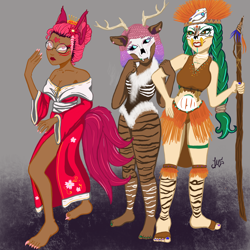 Size: 2048x2048 | Tagged: safe, artist:weegeepie-nightring, imported from derpibooru, oc, oc only, oc:olivia leaf, oc:venus red heart, oc:zuri sambo, human, wendigo, barefoot, belly button, bodypaint, bra, clothes, costume, dark skin, ear piercing, eared humanization, earring, eyeshadow, face paint, feet, female, fur, glasses, grin, halloween, halloween costume, headdress, holiday, horn, horned humanization, humanized, humanized oc, jewelry, kimono (clothing), kitsune, lesbian, lipstick, makeup, midriff, nail polish, not pony related, oc x oc, piercing, robe, shipping, skull, smiling, staff, tail, tailed humanization, toenail polish, trio, underwear, witch, witch doctor