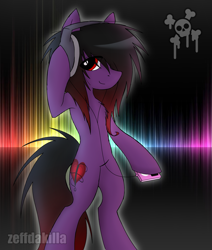 Size: 2139x2524 | Tagged: safe, artist:zeffdakilla, imported from derpibooru, oc, oc only, oc:frankie fang, pegasus, pony, abstract background, bipedal, black hair, black mane, emo, headphones, ipod, looking sideways, male, ponysona, purple fur, scene, scene kid, skull, solo, standing