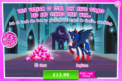 Size: 1953x1295 | Tagged: safe, idw, imported from derpibooru, princess luna, alicorn, pony, reflections, advertisement, costs real money, evil counterpart, evil luna, female, gameloft, gem, hall, horn, idw showified, mare, mirror universe, official, sale, solo, solo focus, spread wings, wings