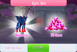 Size: 1268x857 | Tagged: safe, idw, imported from derpibooru, princess luna, alicorn, pony, reflections, bundle, costs real money, evil counterpart, evil luna, female, gameloft, gem, horn, idw showified, mare, mirror universe, official, sale, solo, solo focus, spread wings, tree, wings