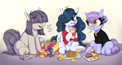 Size: 4096x2174 | Tagged: safe, artist:lockheart, imported from derpibooru, oc, oc only, oc:dot matrix, crystal pony, earth pony, pegasus, pony, blushing, bucktooth, burger, chicken meat, chicken nugget, colored pupils, crystal pony oc, drink, drinking, drinking straw, female, food, french fries, game boy, hair over eyes, hair over one eye, happy meal, high res, hoof hold, mare, meat, sitting, sonic the hedgehog, sonic the hedgehog (series), trio, underhoof