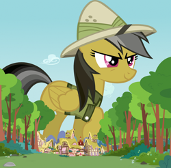 Size: 1280x1262 | Tagged: safe, imported from derpibooru, daring do, pegasus, pony, clothes, cloud, female, giant pegasus, giant pony, giantess, hat, houses, macro, mare, mega giant, ponyville, shirt, smiling, solo, town hall, tree